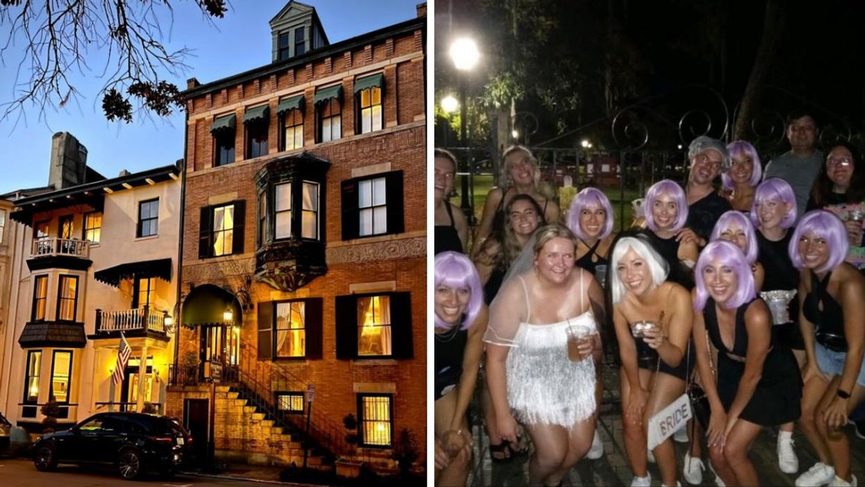 The Foley house in Savannah, GA. Right: A group of bachelorettes on a pub crawl.
