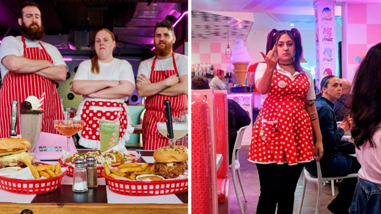 The food and staff at Karen's Diner. Right: An employee at Karen's Diner.