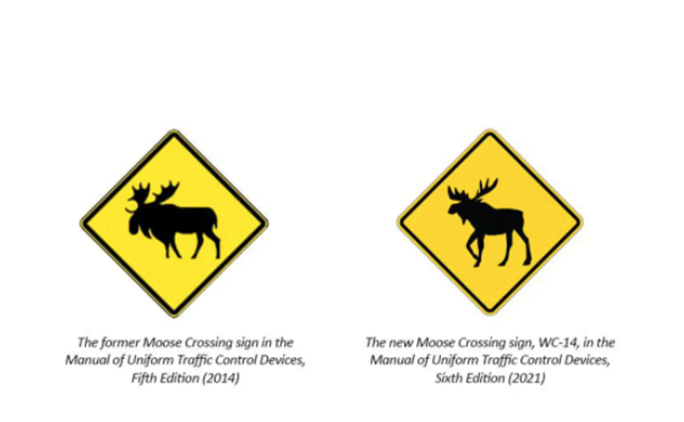 The former moose crossing sign. Right: The new moose crossing sign.