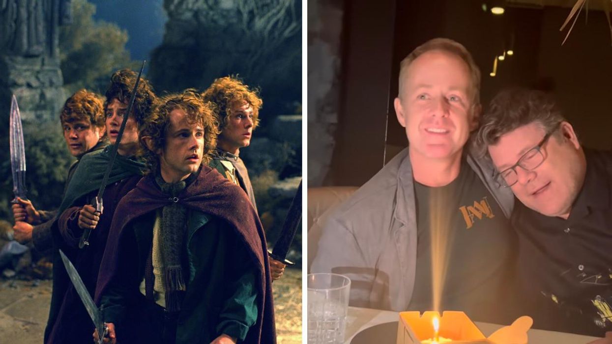 The four hobbits in LOTR. Right: Billy Boyd and Sean Astin with a birthday cake and a candle.