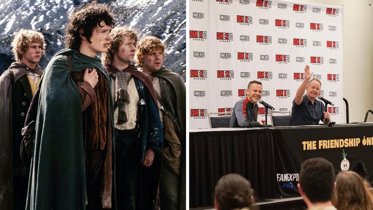 The four hobbits in LOTR. Right: Dominic Monaghan and Billy Boyd at Fan Expo.