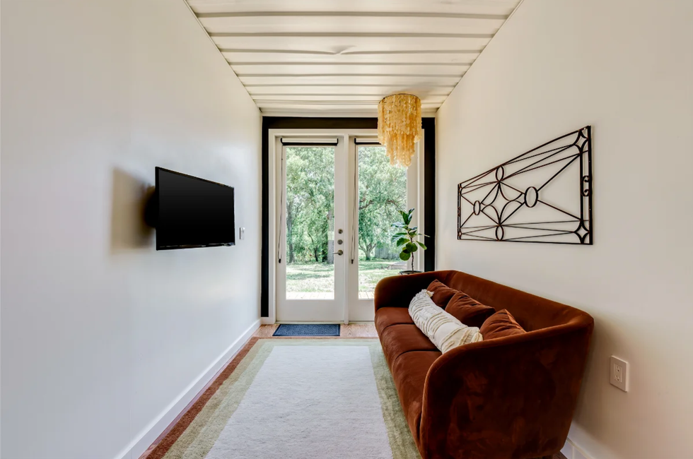 The foyer of the renovated shipping container for sale in Keller, TX.
