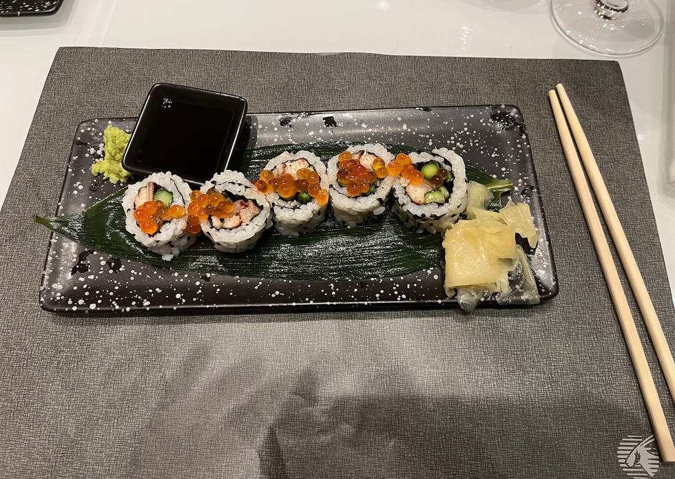 The fresh sushi made for me by the chef at the Qatar Airways Al Mourjan Business Lounge.