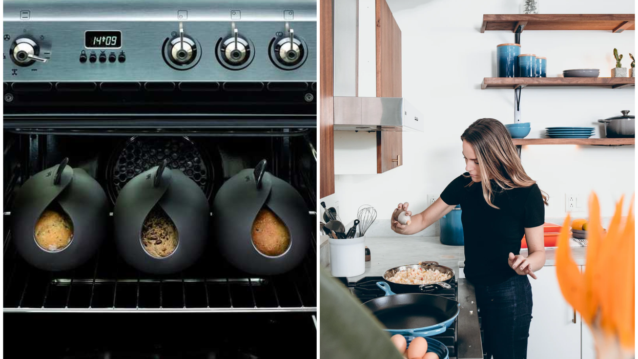 The front buttons on an oven. Right: A woman cooking.
