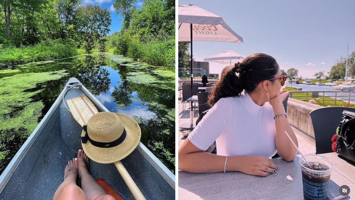 The front of a canoe with a person in it. Right: A person sitting on a patio.