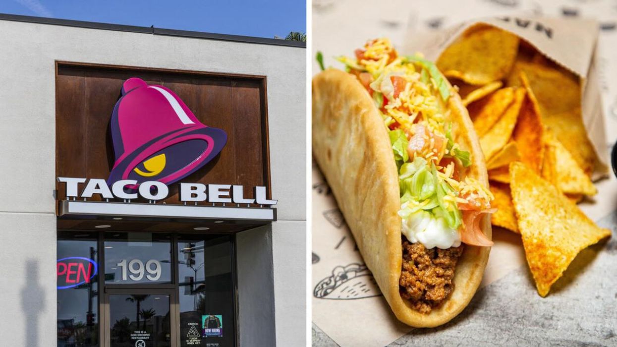 The front of a Taco Bell store. Right: A taco and chips.