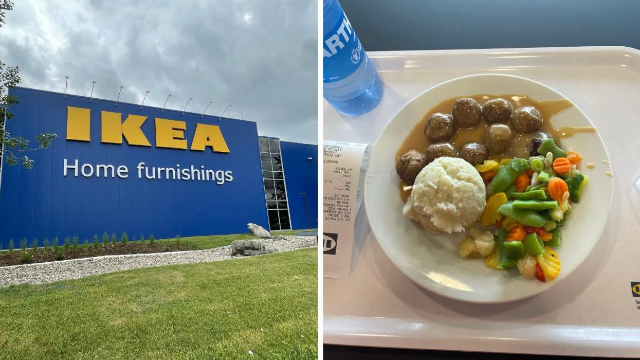 The front of an IKEA store. Right: A plate of Swedish meatballs.