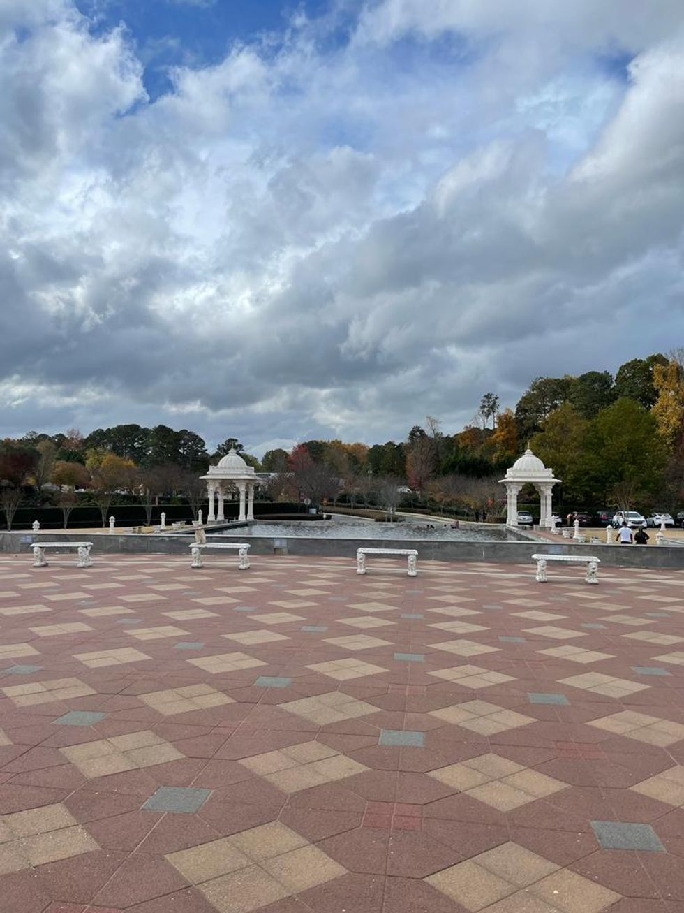 The front of the BAPS Shri Swaminarayan Mandir in Georgia.
