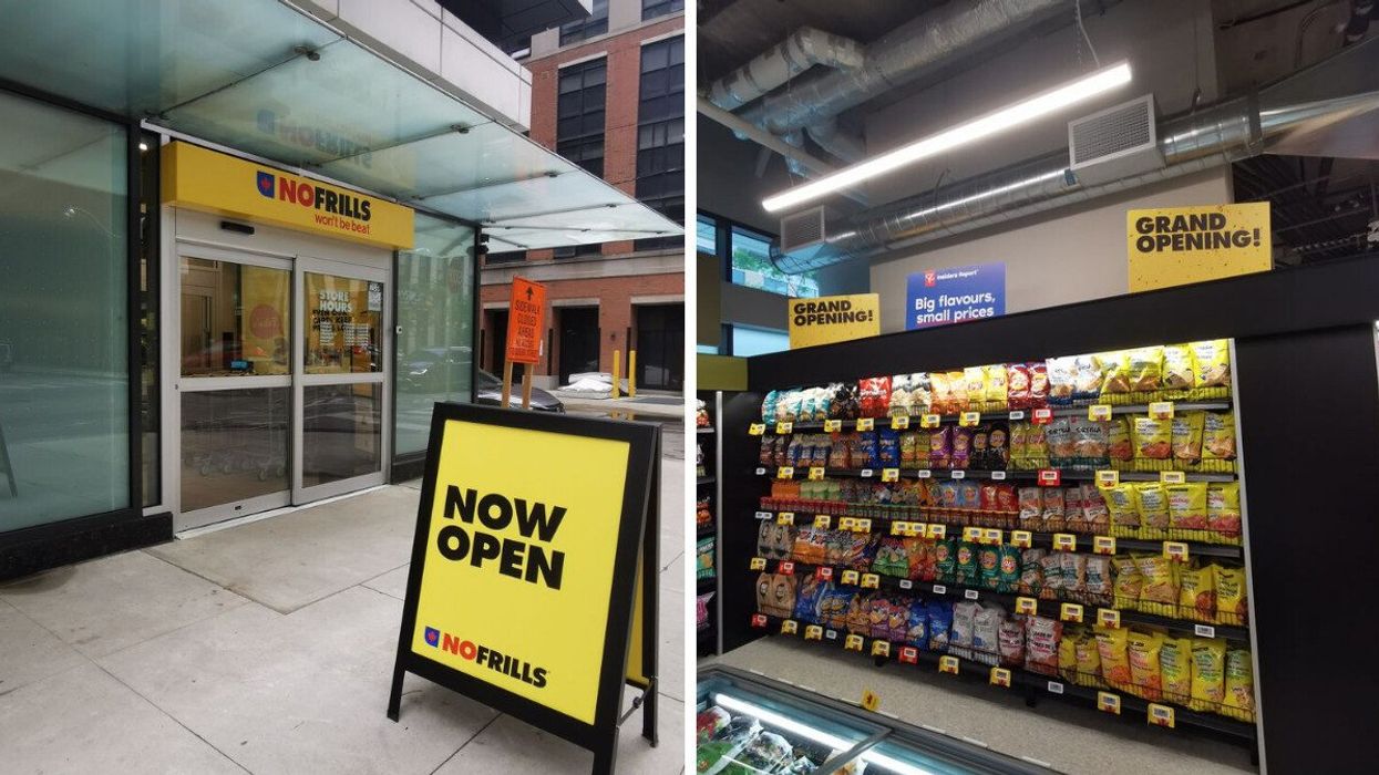 The front of the new No Frills store in downtown Toronto. Right: Shelves full of snacks in No Frills with grand opening signs above it.