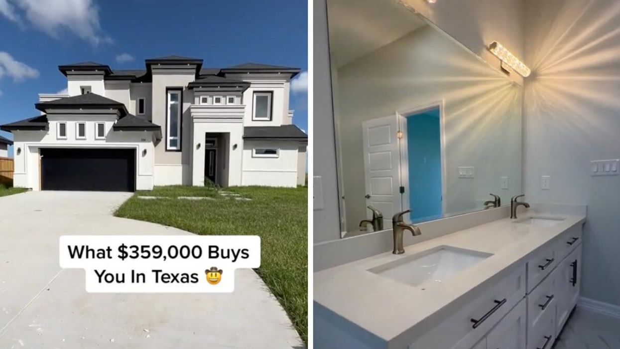 The front of the Texas house shown in the viral TikTok video. Right: The restroom of the Texas home shown in the viral TikTok clip.