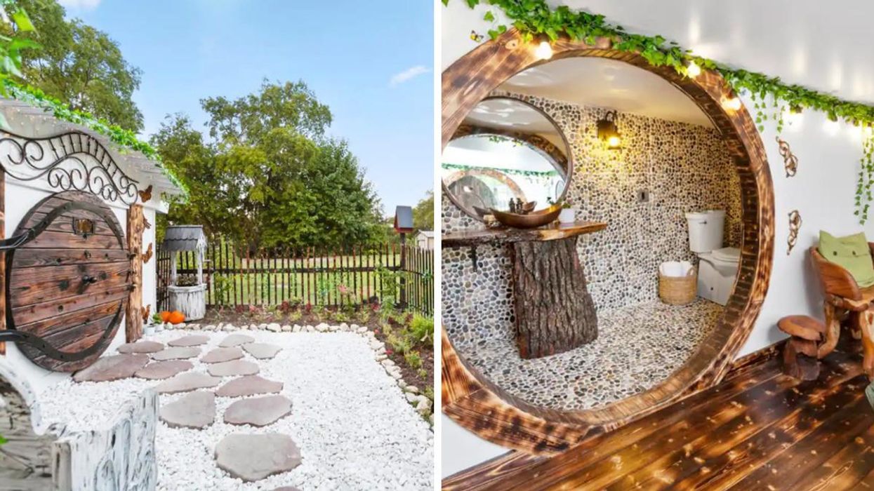 The front yard and the exterior of the Hobbit House. Right: A giant round mirror in the bathroom inside the house.