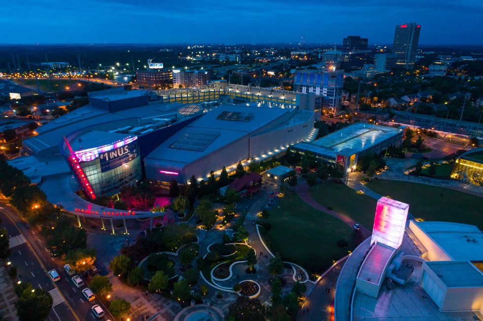 The Georgia Aquarium at night.