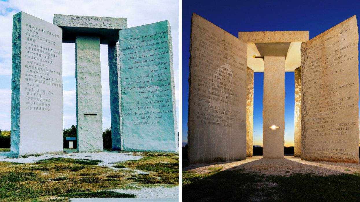The Georgia Guidestones during the day. Right: The Georgia Guidestones at night.