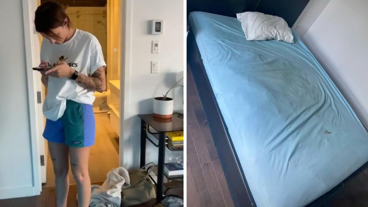 The girl from the TikTok in the correct Airbnb rental. Right: The dirty bed from the wrong Airbnb rental.