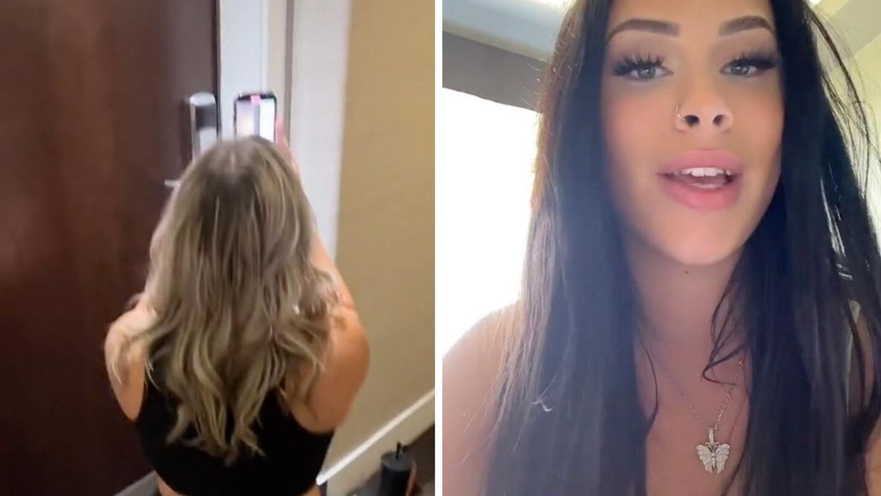 The girls in the TikTok waiting outside the hotel room. Right: The TikToker explaining what happened.