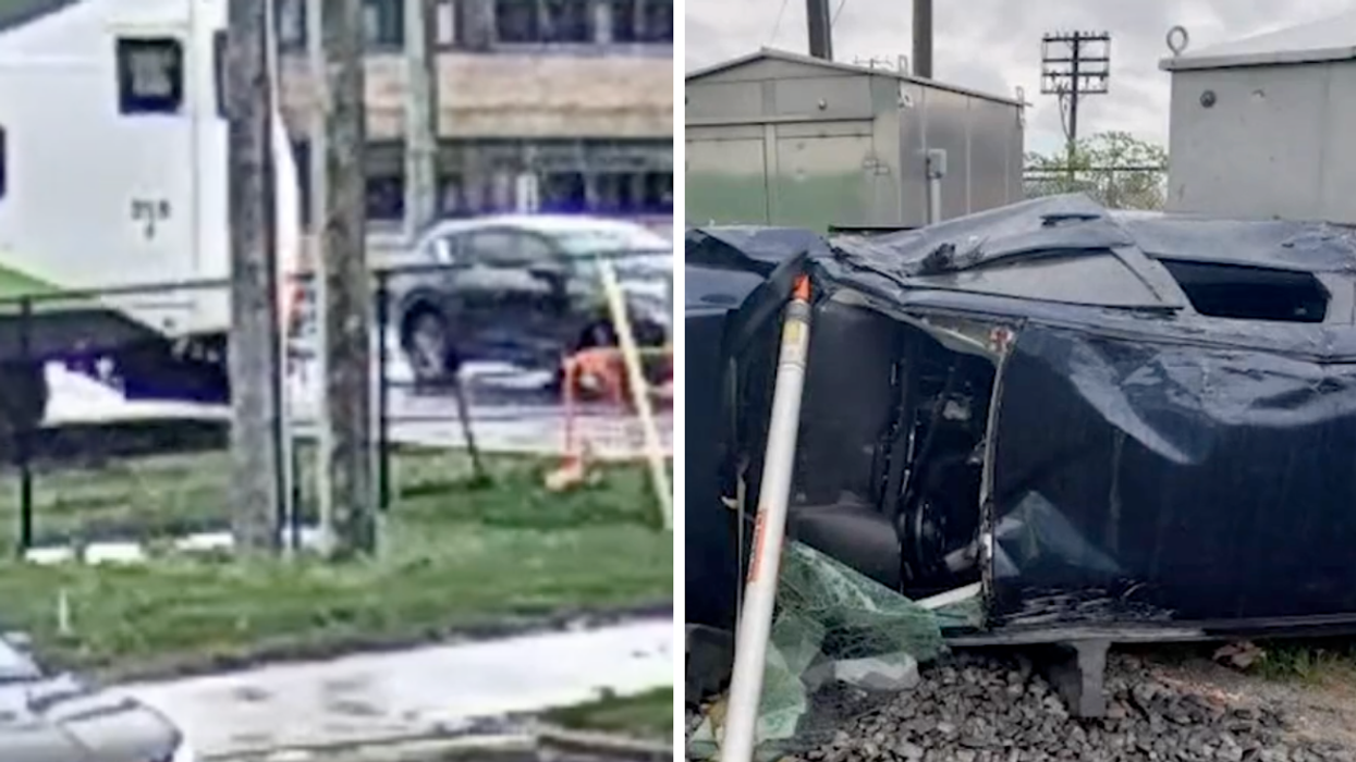 The GO train that collided with an SUV on the rail crossing. Right: The damage to the SUV after the incident.