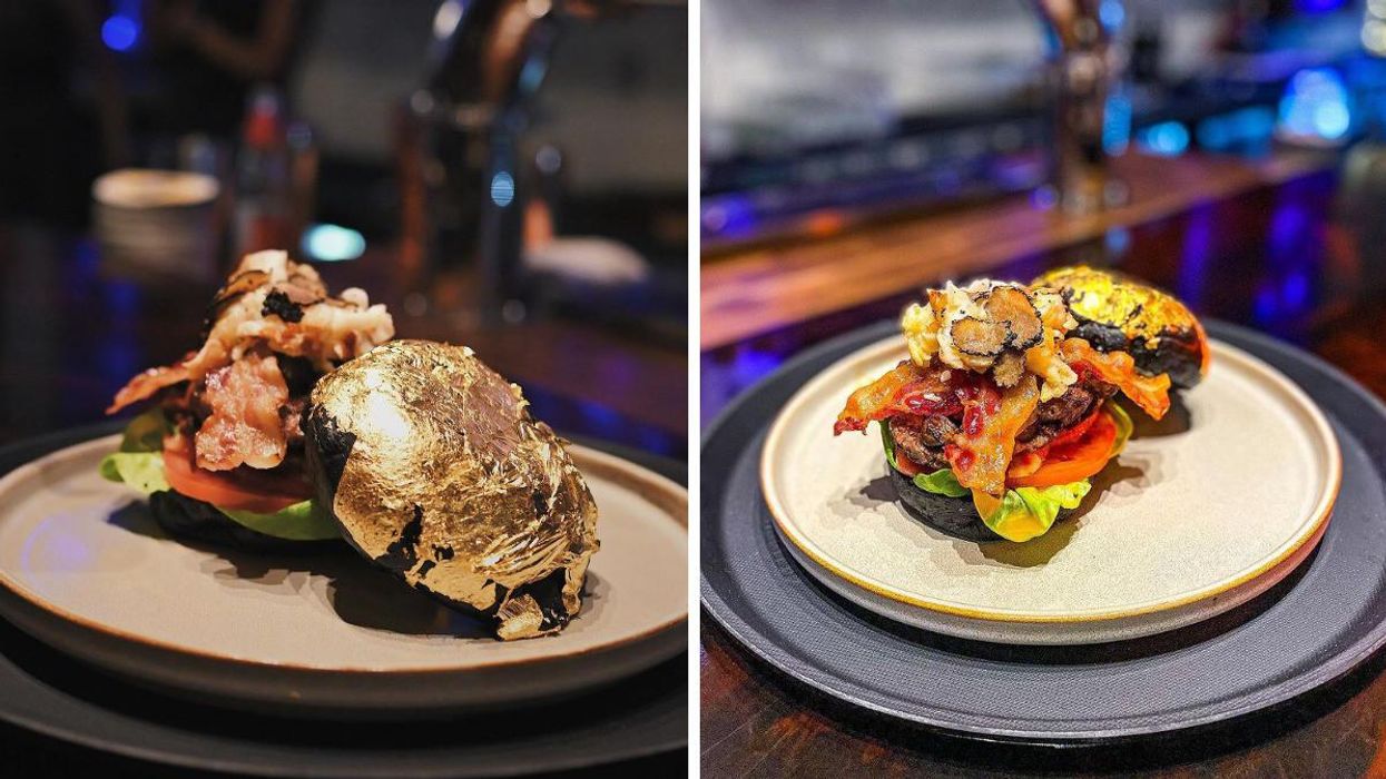 The "Gold Digger" burger at Tomahawk Kitchen + Bar. Right: The inside of the "Gold Digger" burger.