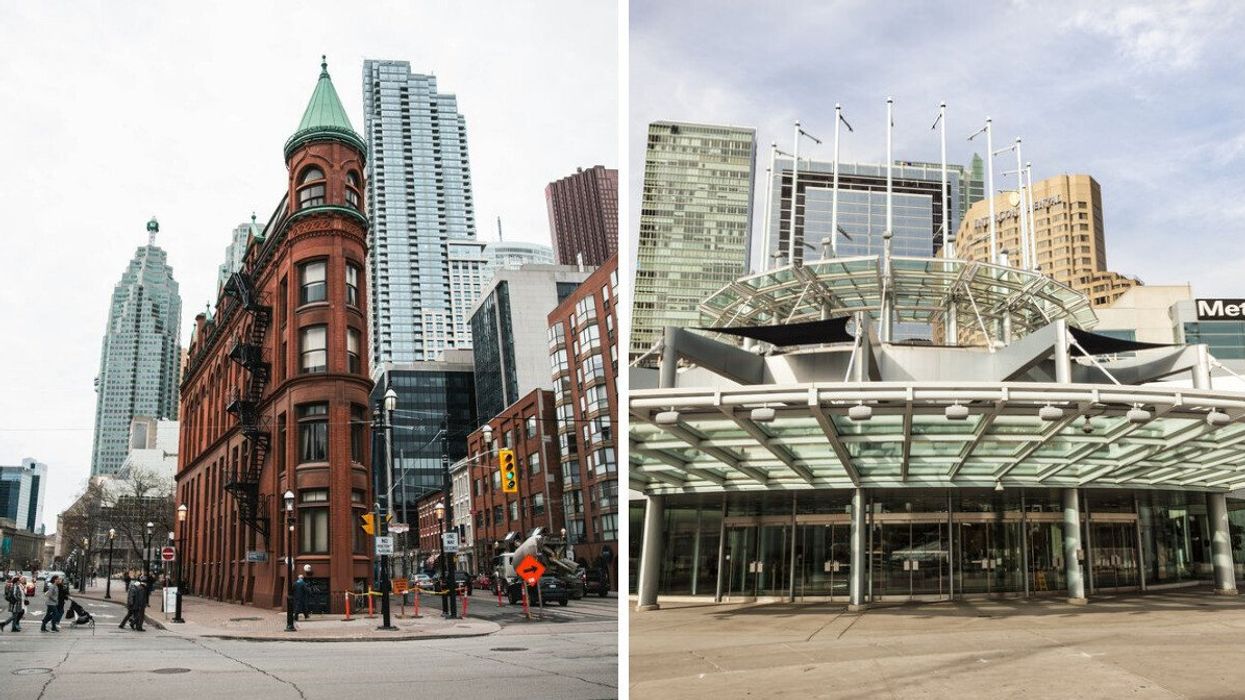 The Gooderham Building, aka the Flatiron Building. Right: The Metro Convention Centre.