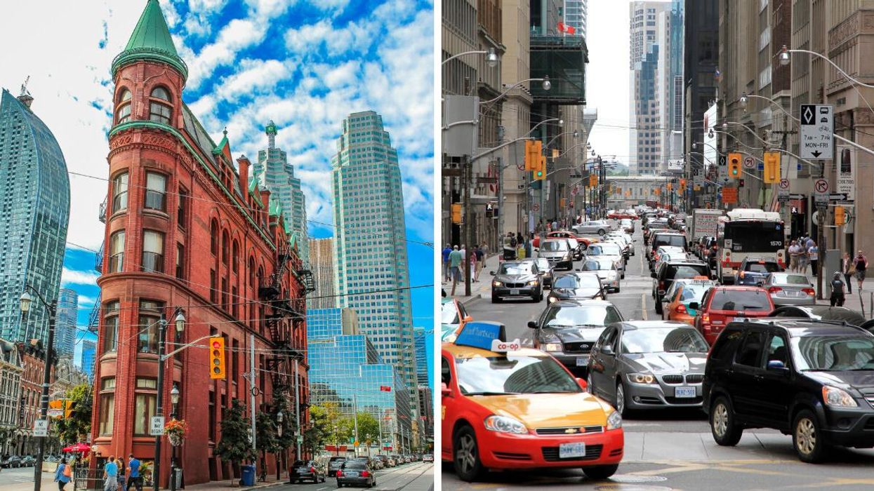 The Gooderham Building in Toronto. Right: Toronto traffic.