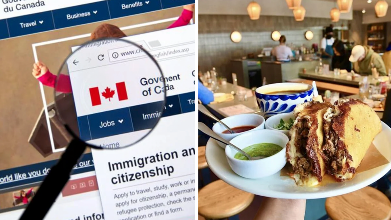 The Government of Canada website. Right: Tacos on a plate with sauces.
