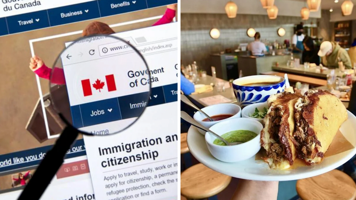 The Government of Canada website. Right: Tacos on a plate with sauces.