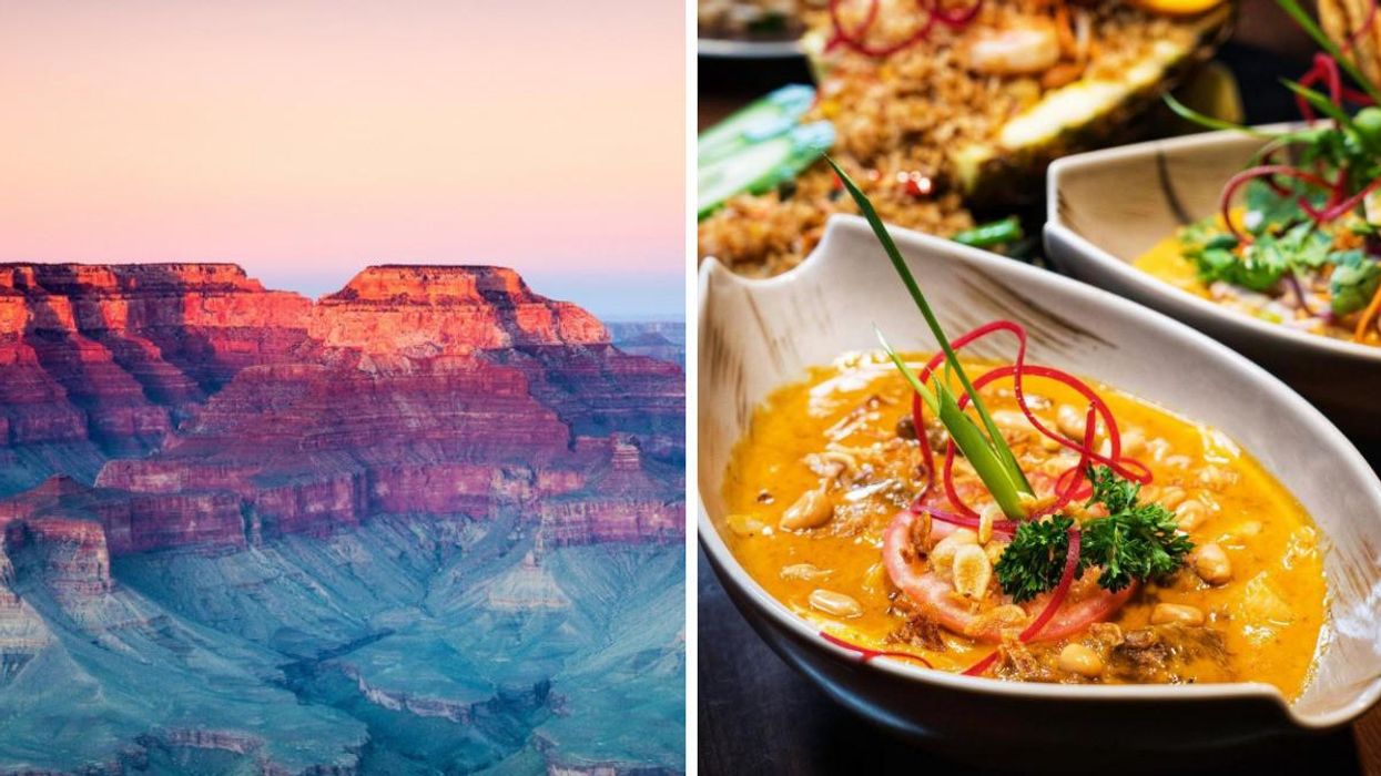 The Grand Canyon at Sunrise. Right: A meal from Crystal Thani.