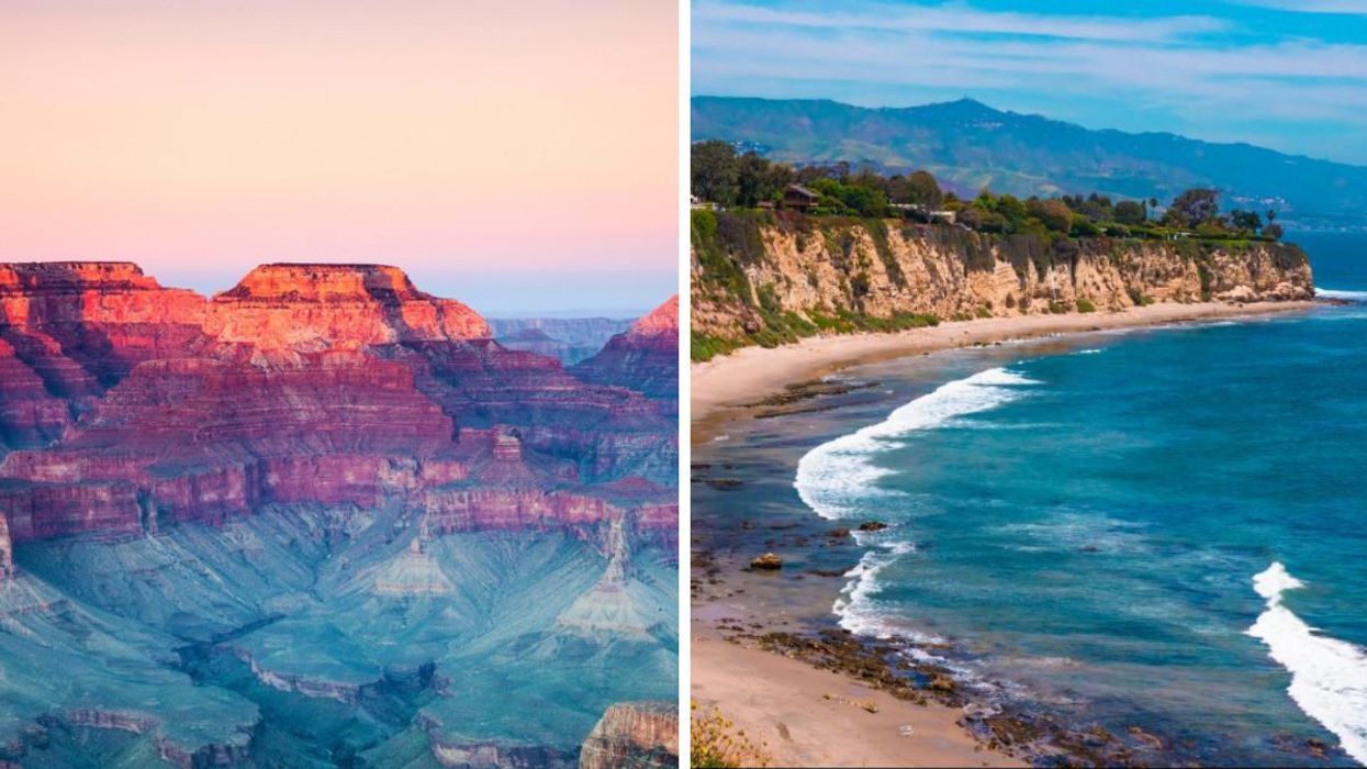 The Grand Canyon at sunrise. Right: The Santa Monica Mountains and the Pacific Ocean.