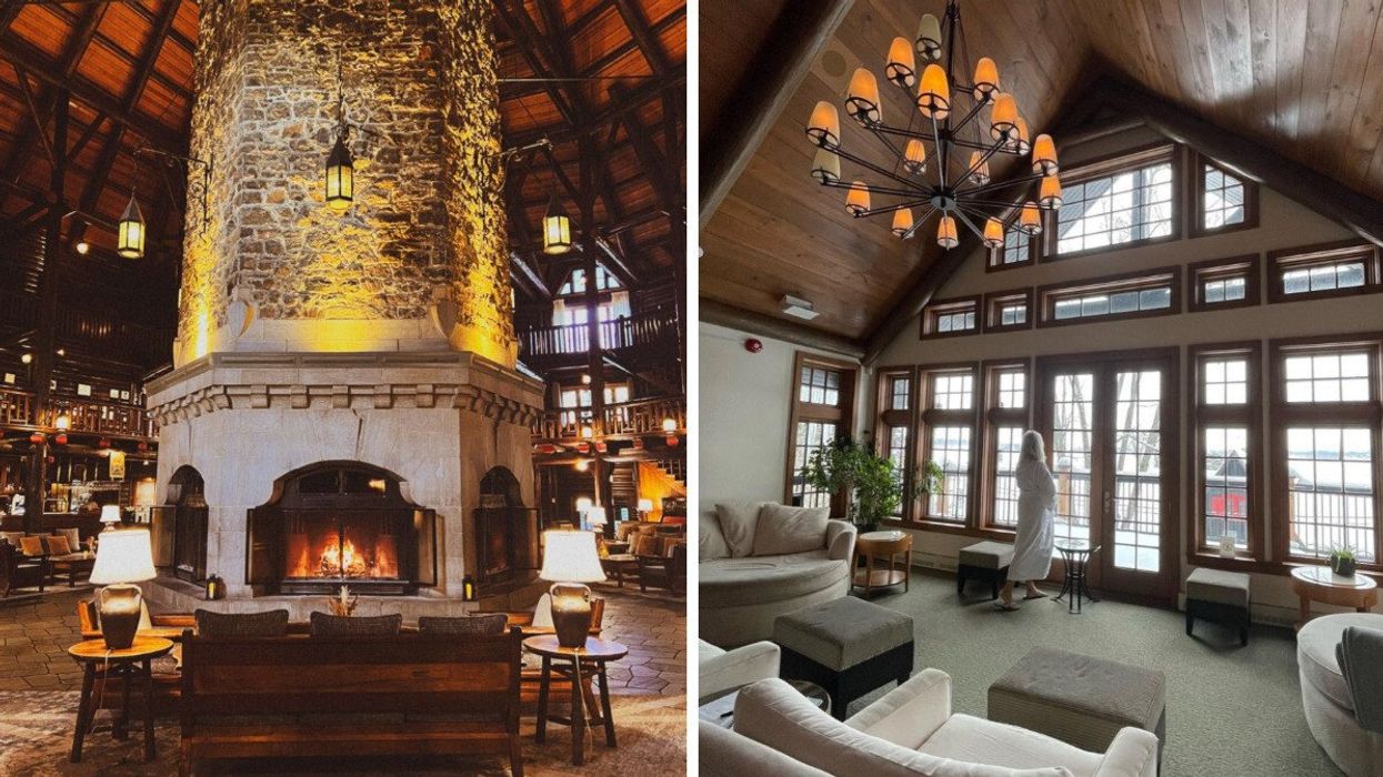The grand fireplace at the Fairmont Le Château Montebello. Right: A woman looks out of large windows while wearing a robe.