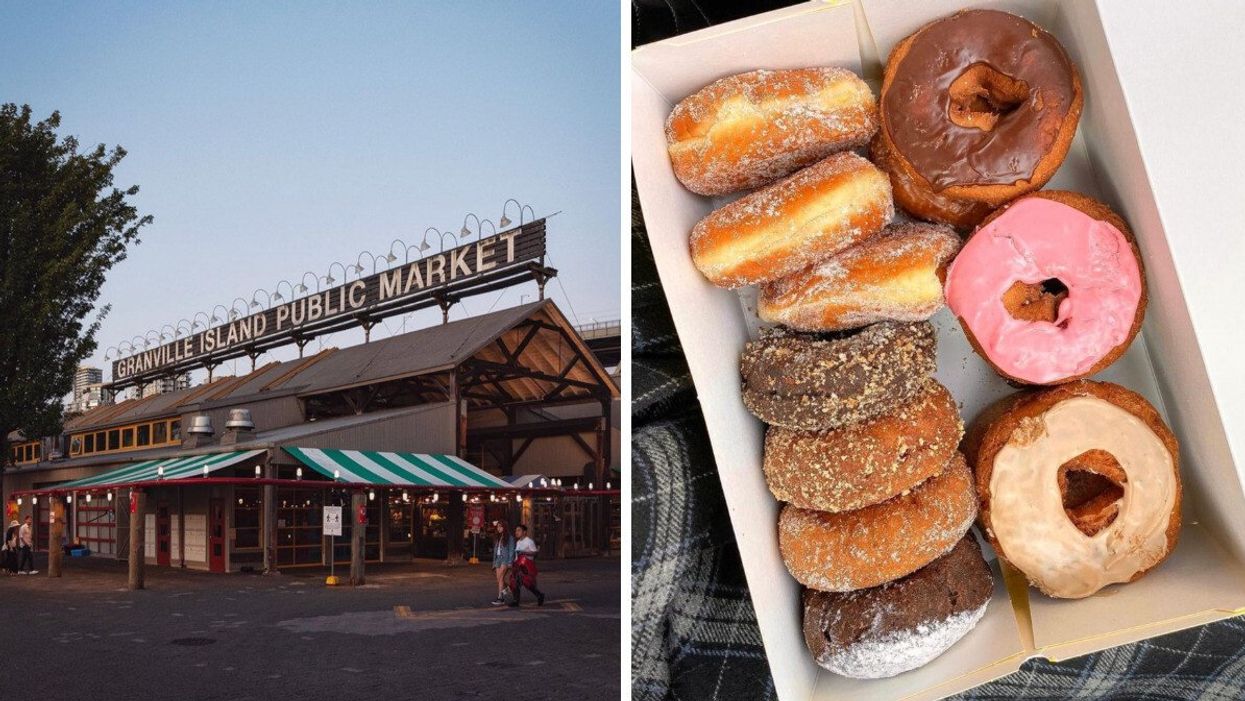 The Granville Island Public Market exterior. Right: A box of donuts from Lee's Donuts, Granville Market.