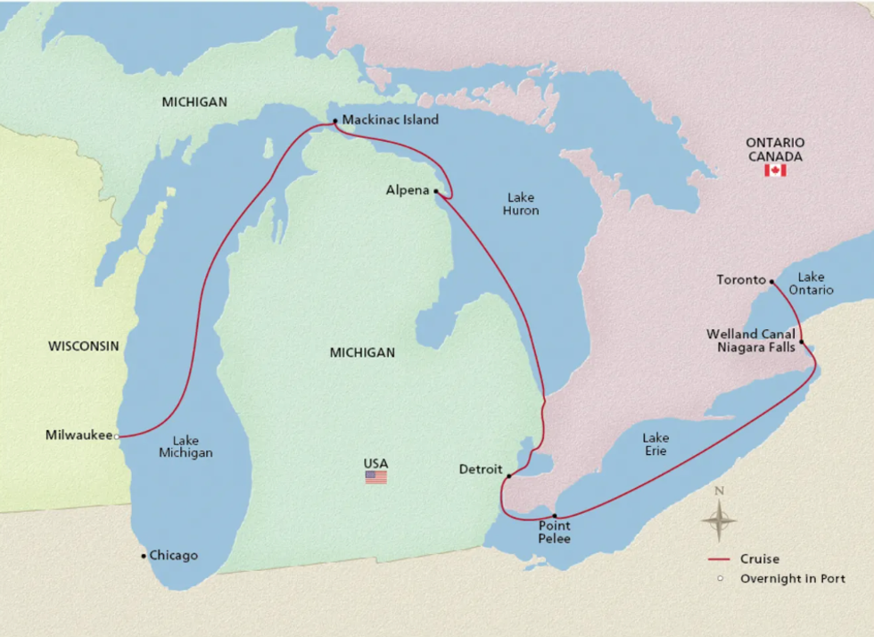 The Great Lakes cruise route.