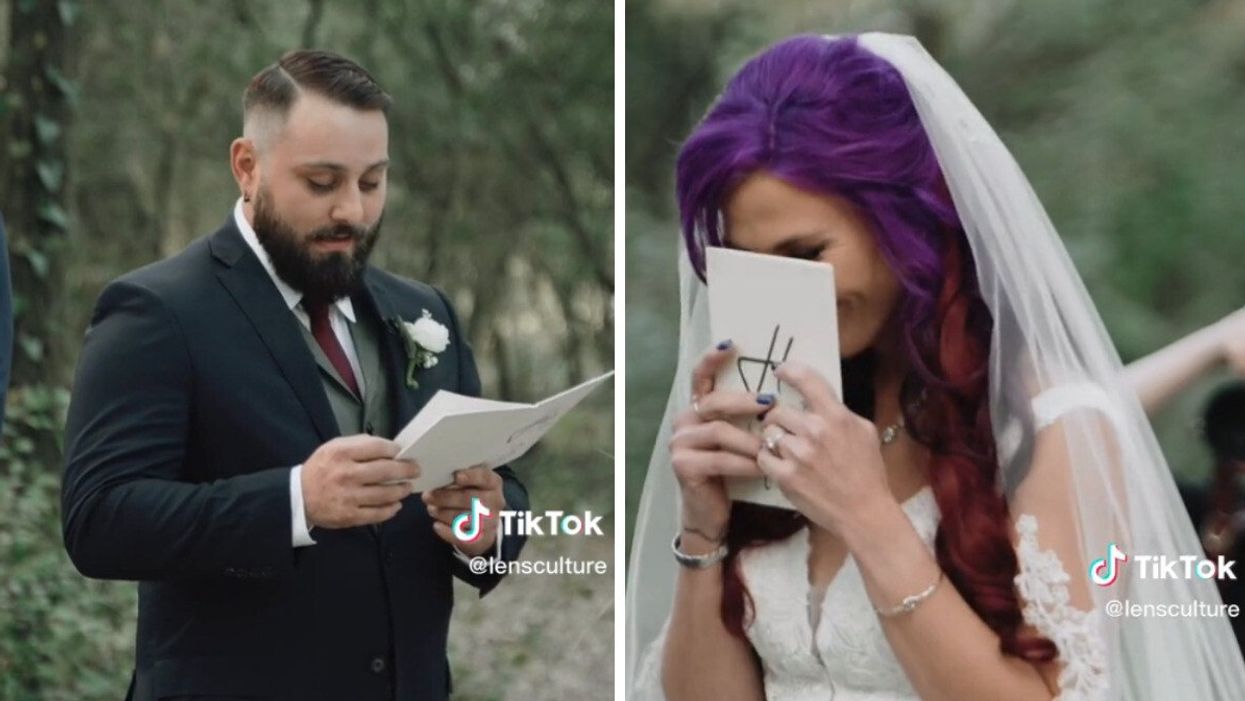 The groom reading his vows. Right: The bride's reaction to the groom's wedding vows.