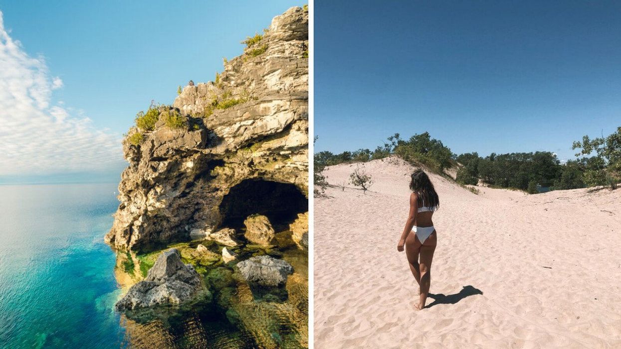 The Grotto in Ontario. Right: A person walking on white sand.