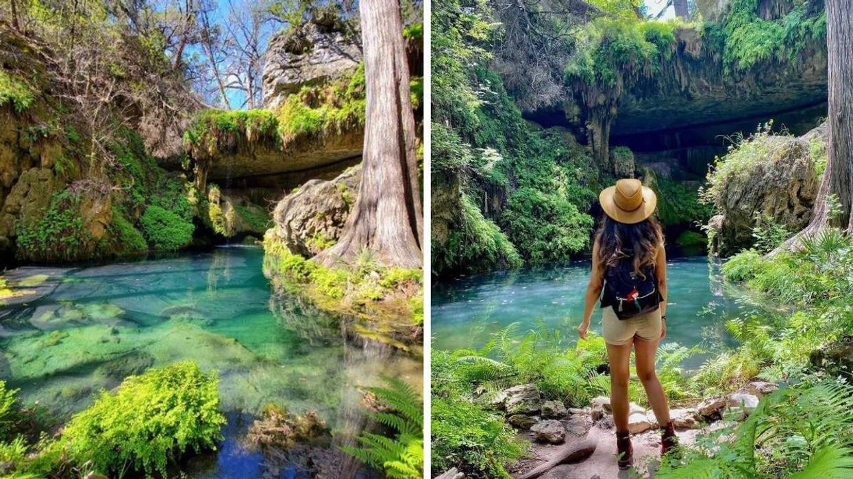 The Grotto pool at Westcave Outdoor Discovery Center. Right: A woman looks at The Grotto pool.