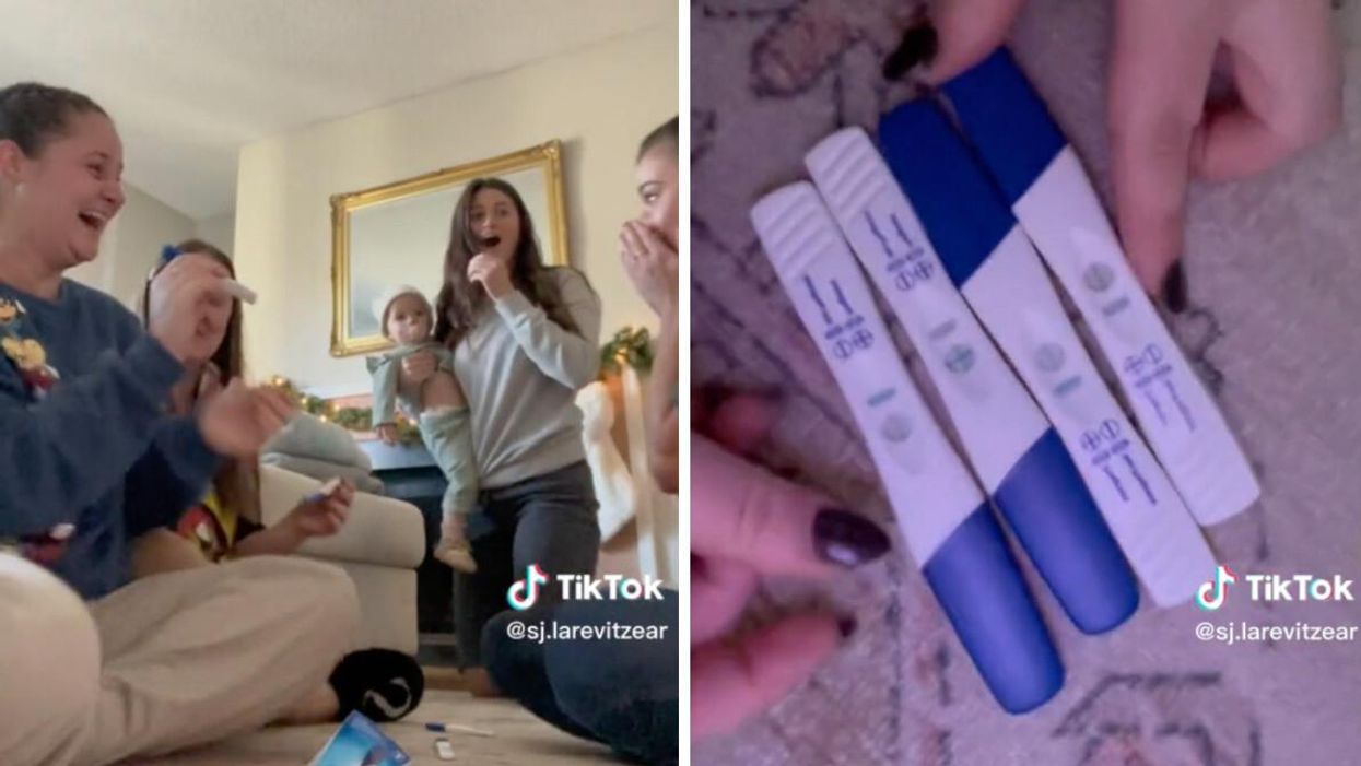 The group of friends reacting to the pregnancy test results. Right: The pregnancy test results.
