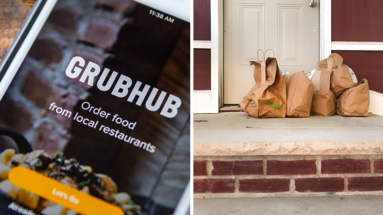 The GrubHub app on a phone. Right: Food delivery on a front porch.