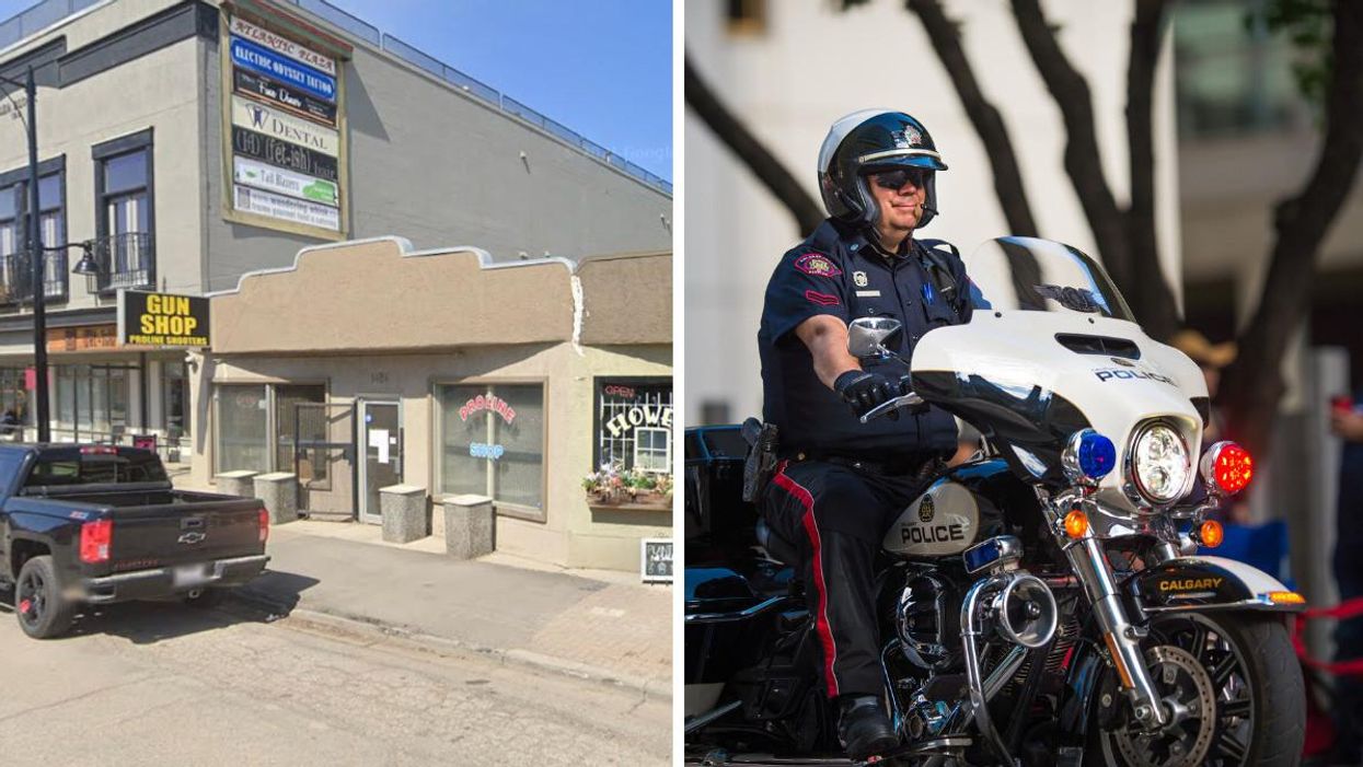 The gun shop in Inglewood. Right: A Calgary Police officer on a motorcycle.