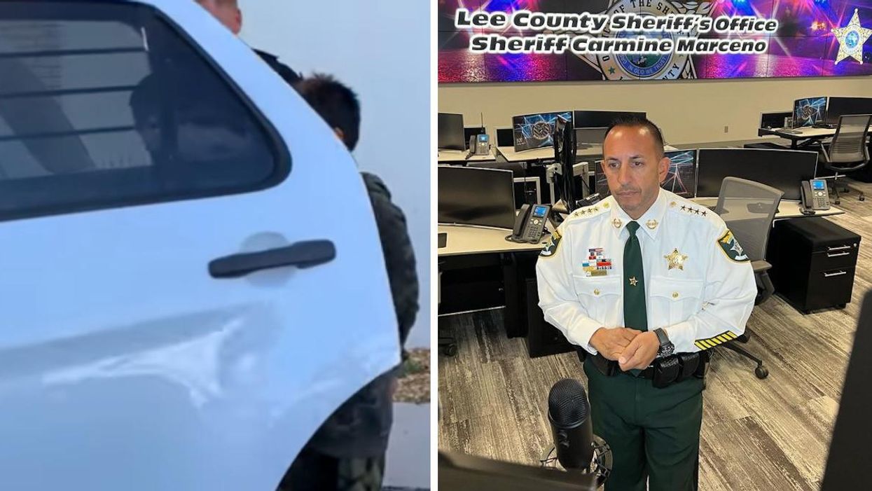 The handcuffed boy being led into the police vehicle. Right: Sheriff Carmine Marceno.