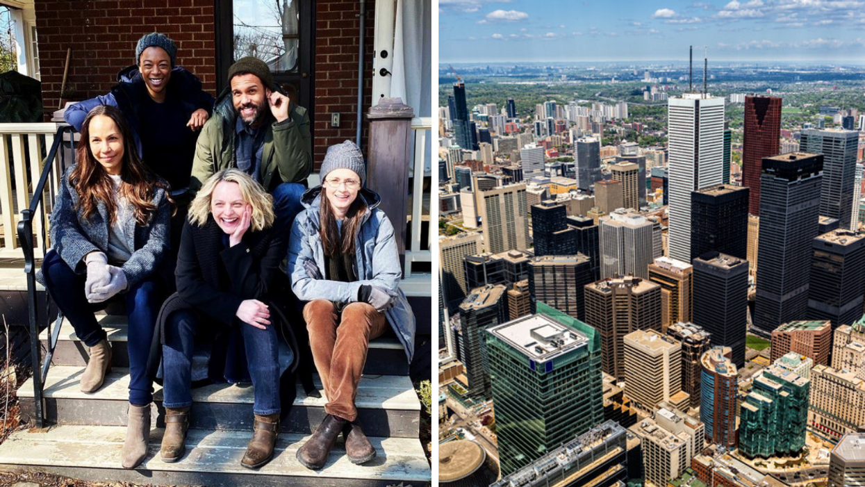 'The Handmaid's Tale' cast sitting on a porch. Right: Downtown Toronto.