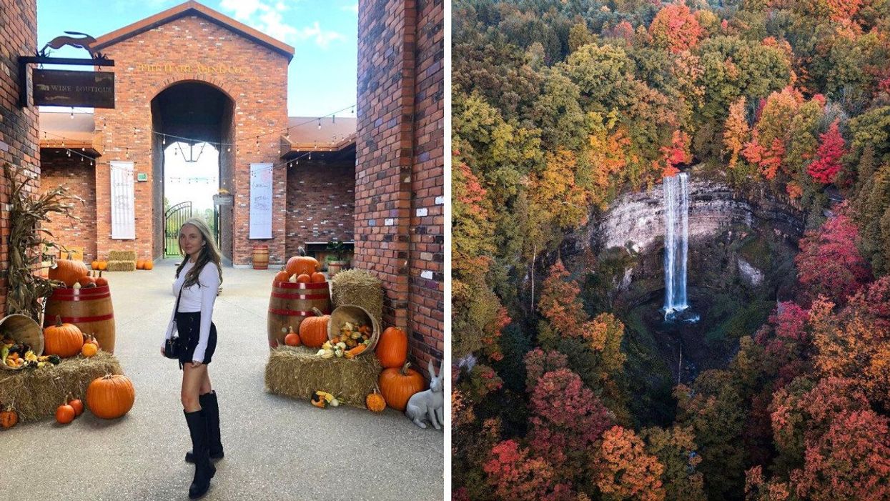 The Hare Wine Co. in Niagara-on-the-Lake. Right: A waterfall during autumn.