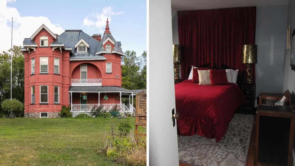The Haunted House Airbnb in Ontario. Right: A bedroom with a red bed and gold lamps.
