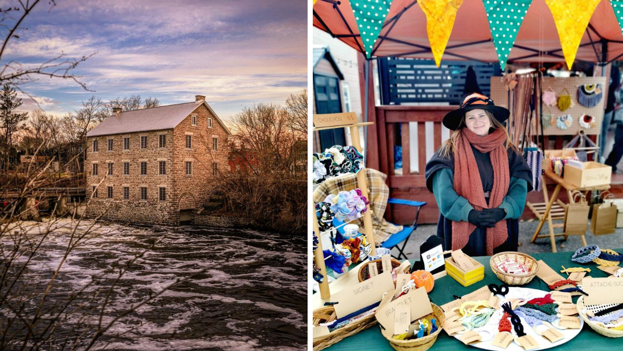 The haunted Watson's Mill in Manotick. Right: Fall market vendor dressed like a witch.