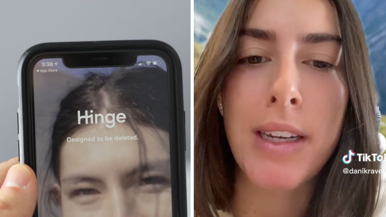 The Hinge dating app on a phone. Right: The TikToker explaining how Hinge thinks she's compatible with her brother.