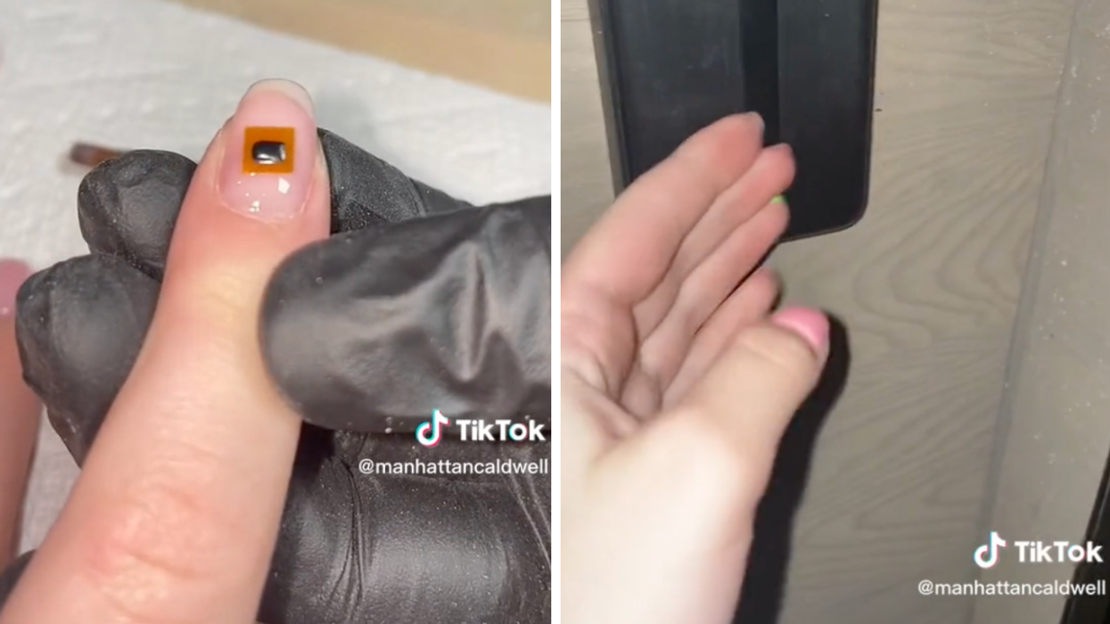 The house key sensor in her nail. Right: A woman letting herself into her home through her nails.