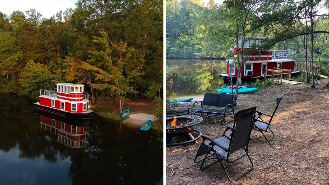 The houseboat Airbnb on a Virginia lake. Right: A fire pit by the Virginia Airbnb.