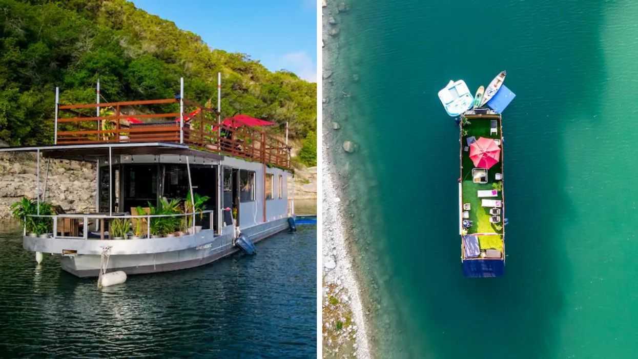 The Houseboat-Yacht Airbnb rental on Lake Travis. Right: An overview shot of the Houseboat-Yacht Airbnb's upper deck.