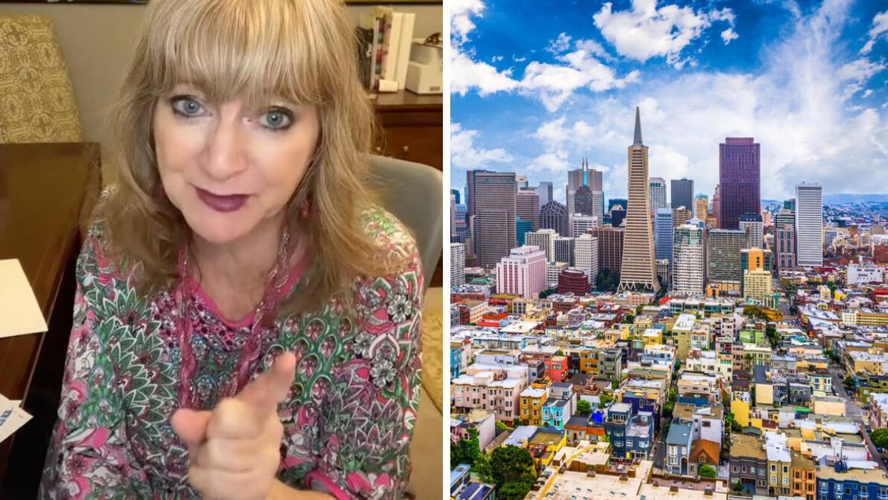 The HR consultant explaining new laws in her TikTok video. Right: The San Francisco skyline.
