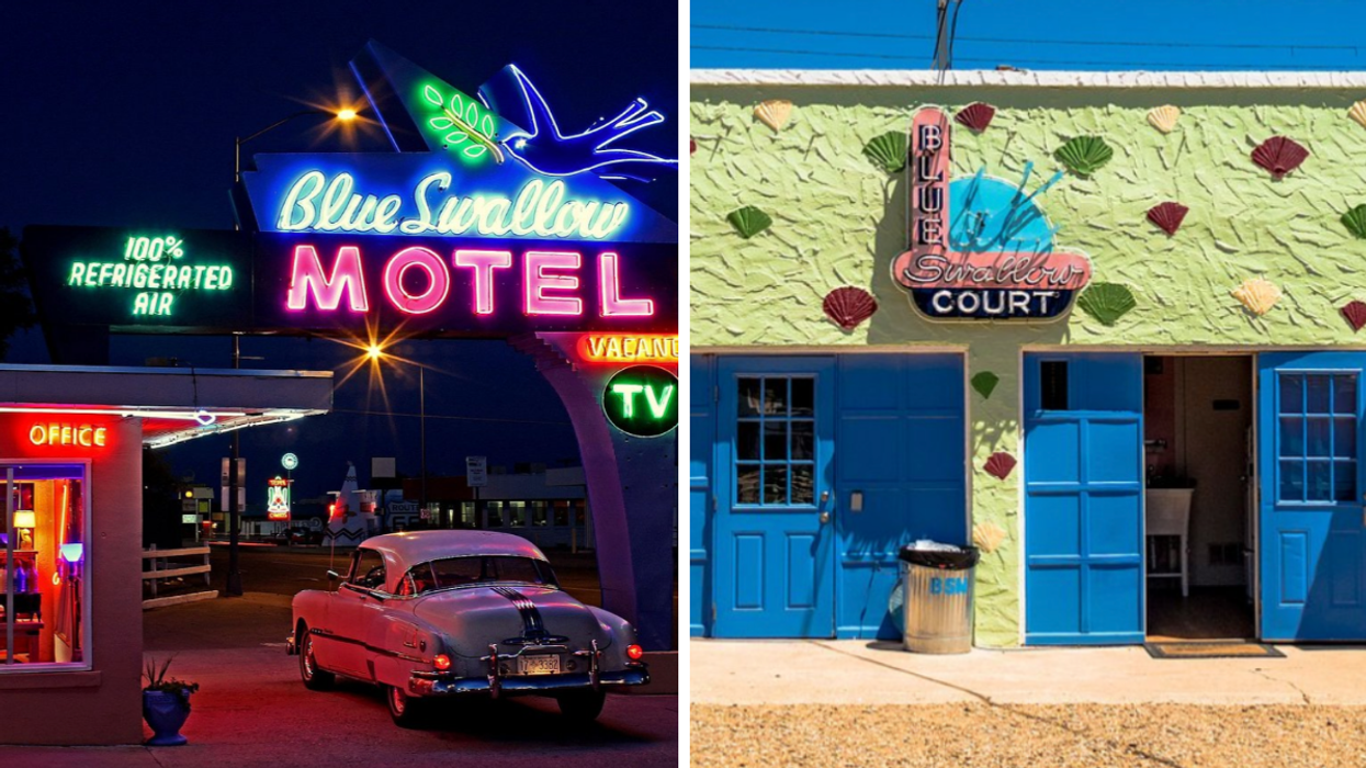 The iconic Blue Swallow Motel neon sign. Right: A room and garage at the motel.