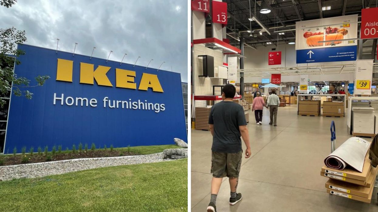 The IKEA sign at the front of the store. Right: The warehouse section of IKEA.