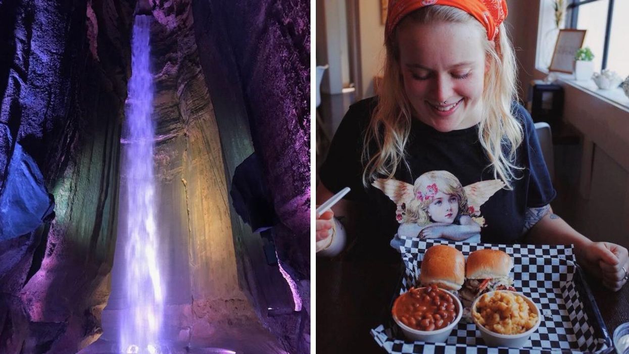 The illuminated waterfall in Ruby Falls' Cave. Right: Narcity writer Maeve Browne eating vegan bbq at the Southern V in Nashville.