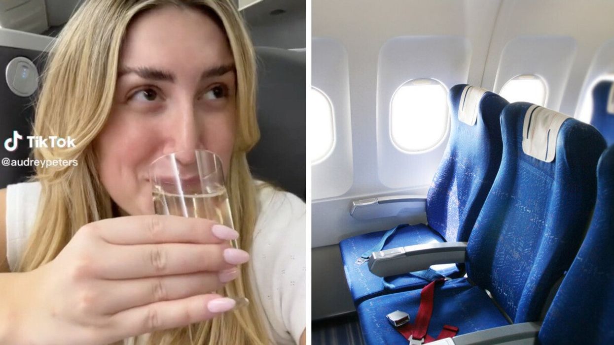 The influencer in her TikTok video. Right: Seats on a plane.